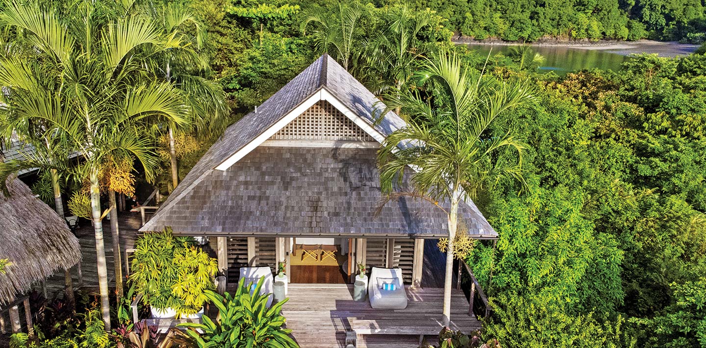 An aerial view of the upstairs balcony of Tres Palmas, with outdoor seating so that guests can make the most of the spectacular ocean view | Islas Secas