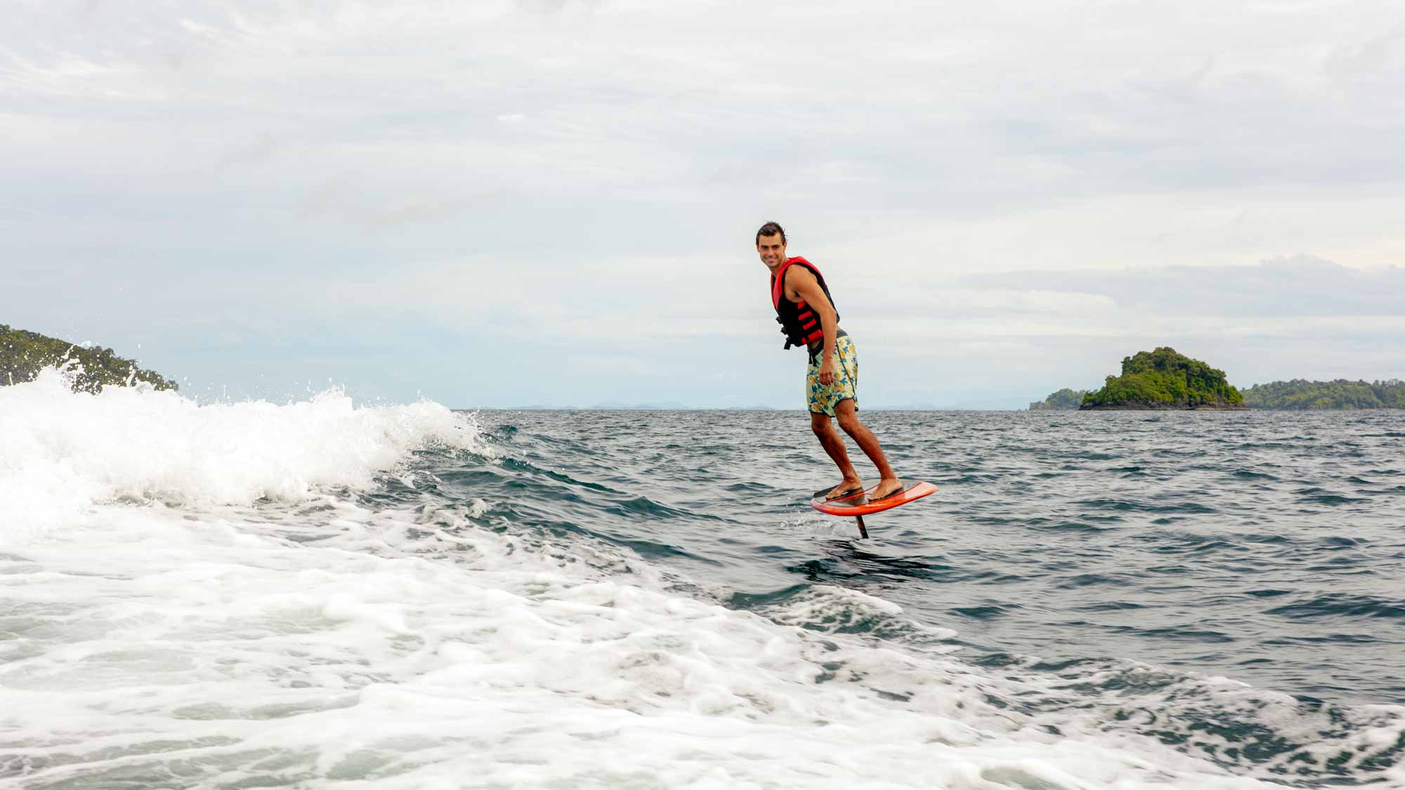 A guest enjoys a water hoverboard as part of the many watersports available to guests at Islas Secas resort | Islas Secas