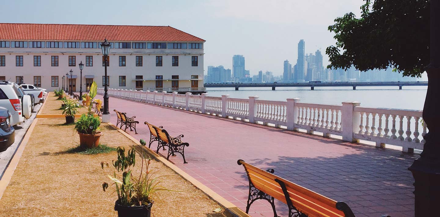 The unique promenade of Casco Viejo in Panama City with view of the business district skyline, allowing guests of Islas Secas to experience the local culture | Islas Secas