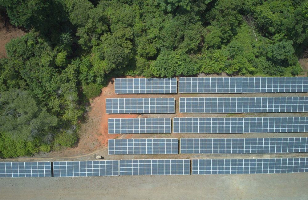 An aerial view of the solar panels that power the Islas Secas resort, a 100% sustainable resort off the coast of Panama | Islas Secas